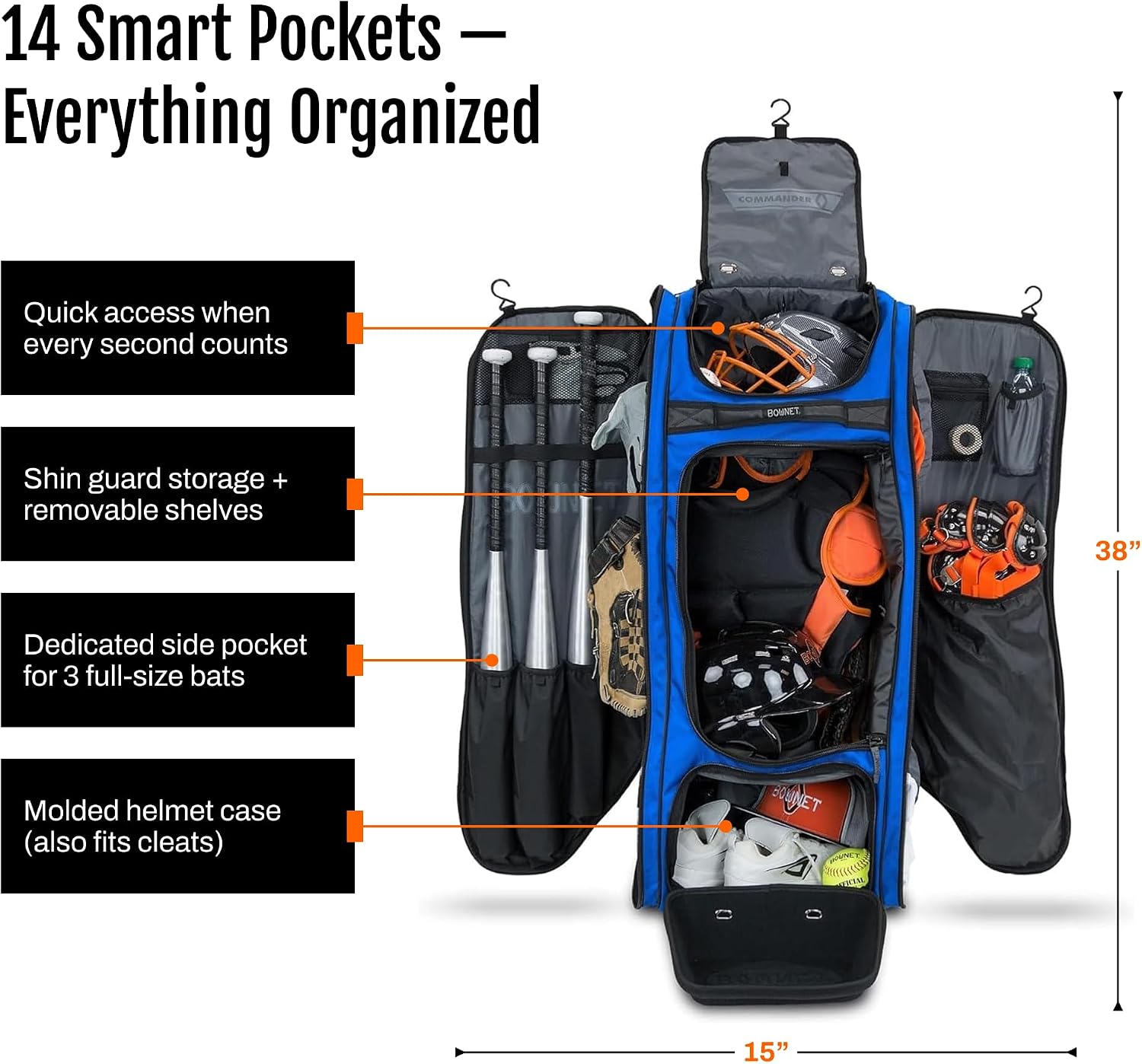 Bownet Commander Rolling Catcher's Gear Bag with Wheels – Baseball & Softball Equipment Bag for Travel Ball, Youth & Adult, 14 Pockets, Molded Helmet Case, Airline Approved