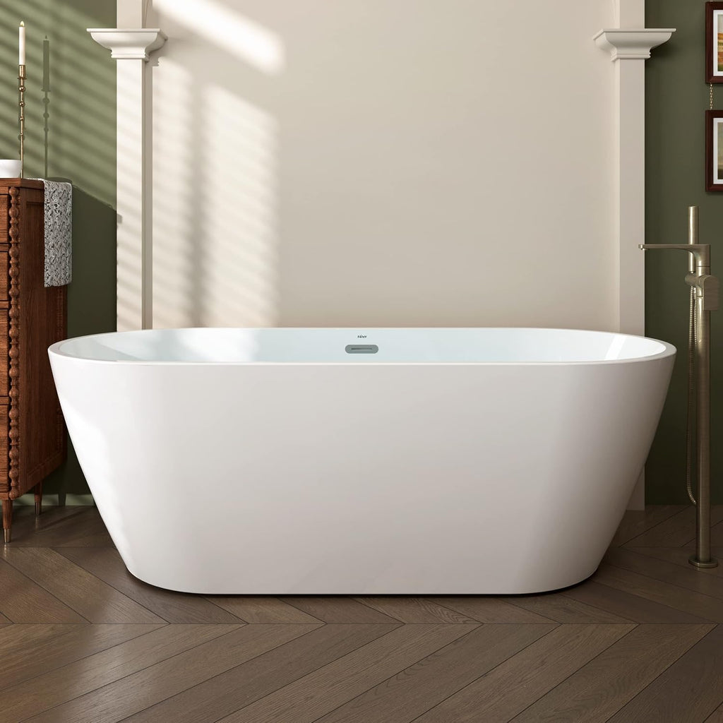 FerdY Nauru 67' Acrylic Freestanding Bathtub with Headrest, Ergonomic Lightweight Classic Oval Soaking Bathtub with Toe-Tap Chrome Drain, Classic Slotted Overflow, Bath Pillow Glossy White
