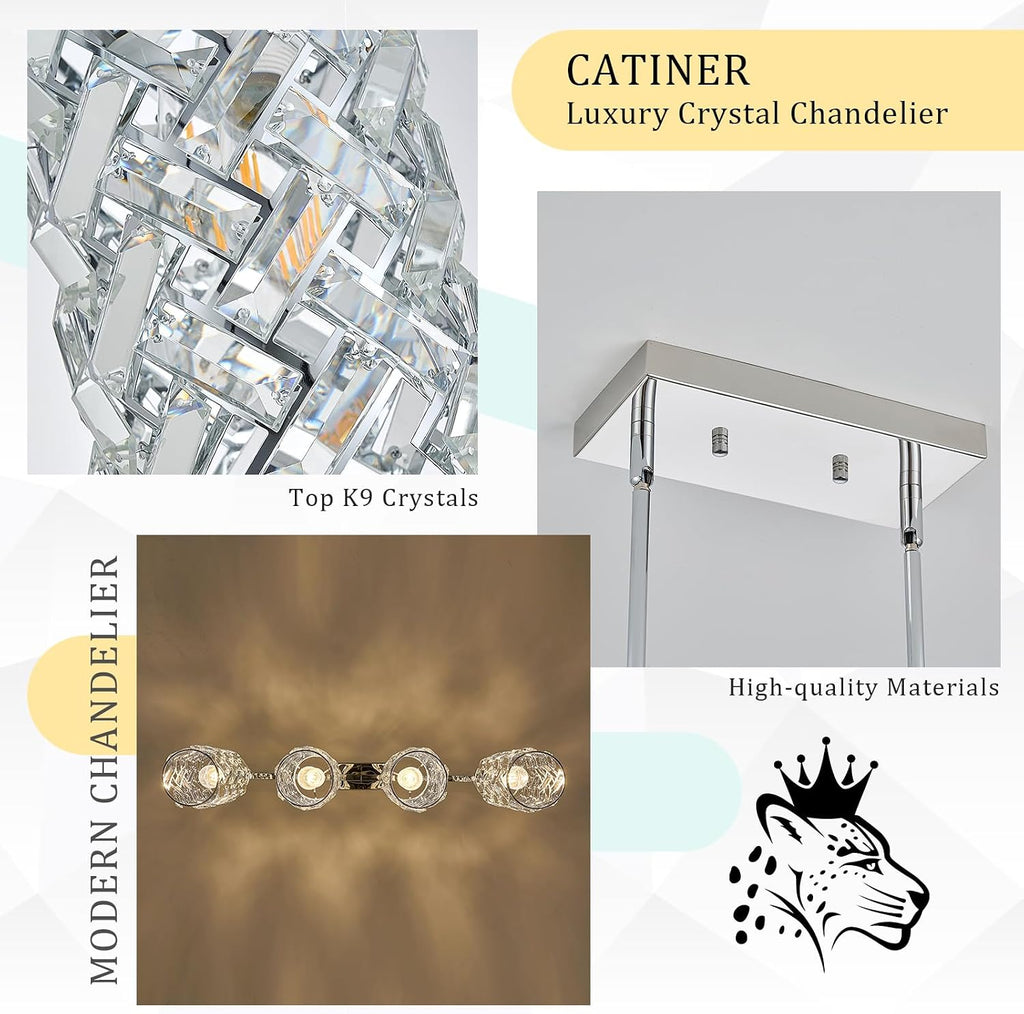 CATINER Chrome Crystal Kitchen Island Lighting 40' Modern Linear Chandelier, 4 Lights Polished Chrome Ceiling Pendant Light Fixture Over Table for Dining Room Living Room