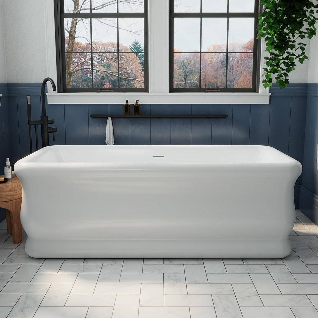 Crest 59 in. L x 31-1/2 in. W x 23-5/8 in. H Freestanding Acrylic Bathtub, Brushed Brass Drain