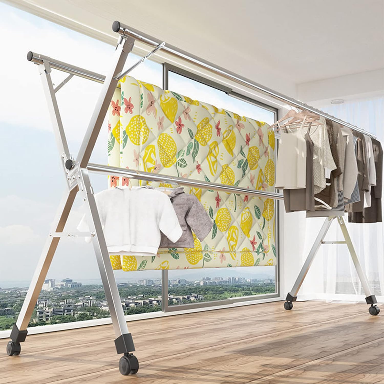 Adjustable Foldable Clothes Drying Rack, Collapsible Stainless Steel Garment Rack, Space-Saving Retractable Clothes Rail for Indoor & Outdoor Use, 2.4m Long