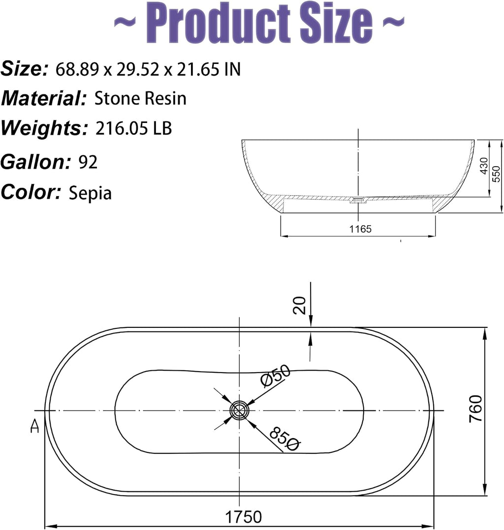 Tubcraft 69' Resin Stone Freestanding Bathtub, Solid Surface Modern Freestanding Tub Soaking Stand Alone Tub with Drain, Sepia 307TS1750