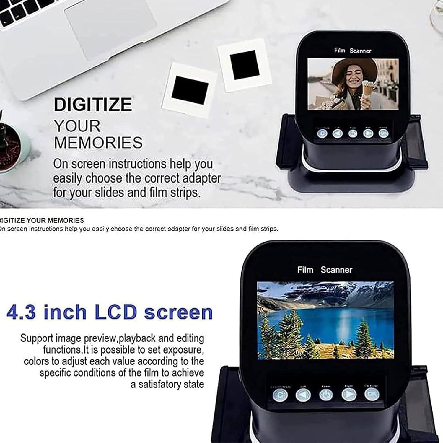 Professional 22MP Film Scanner Slide Scanner with 4.3' LCD, High Resolution Film to Digital Converter for 35mm 120 126 127 135 Negatives & Slides