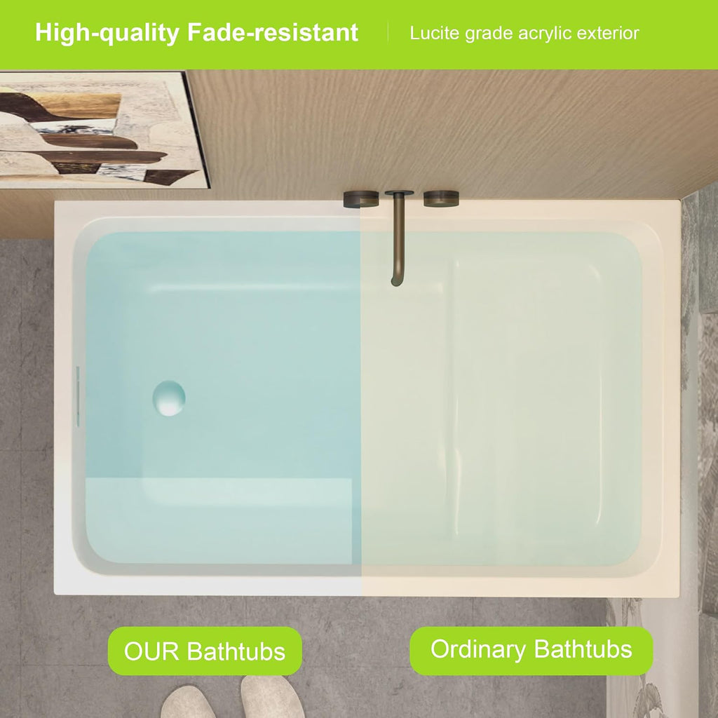 43 Inch Acrylic Freestanding Bathtub, Rectangle Soaking Tub for Small Bathrooms, Gloss White Pure Acrylic Tub with Chrome Overflow & Pop-Up Drain, cUPC Certified, Left Drain,Deep Soak Tub