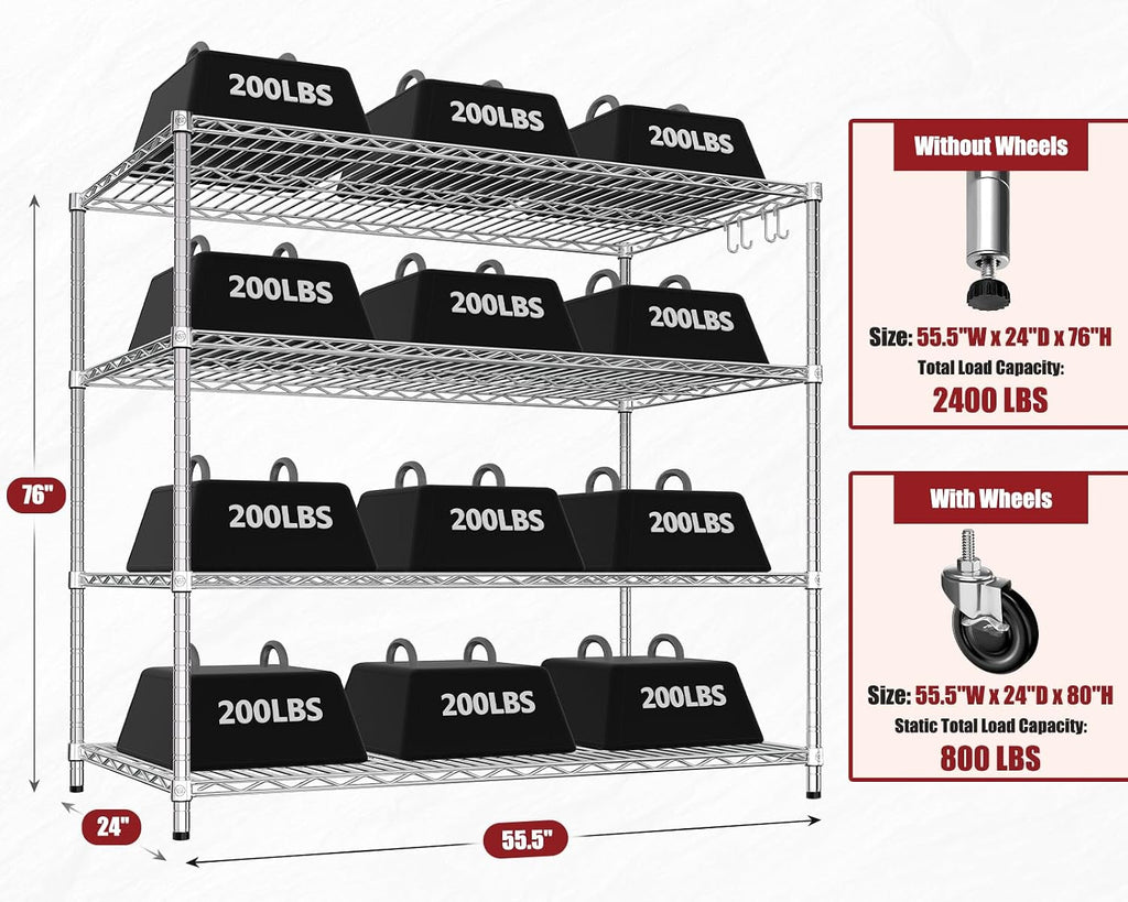 PrimeZone 4 Tier 55.5' Wx24 Dx76 H Wire Shelving with Wheels 2400lbs NSF Certified Storage Shelves Heavy Duty Metal Shelf Adjustable Rolling Rack Commercial Garage Restaurant Warehouse Kitchen Chrome