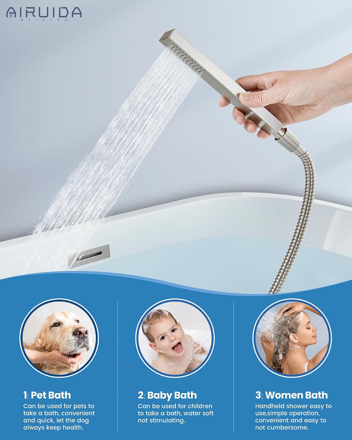 Airuida Wall Mount Tub Faucet with Waterfall Tub Spout Wall Mounted Bathtub Faucet with Handheld Shower Single Handle Tub Filler Shower Faucet Set with Rough-in valve Straight Spout Brushed Nickel
