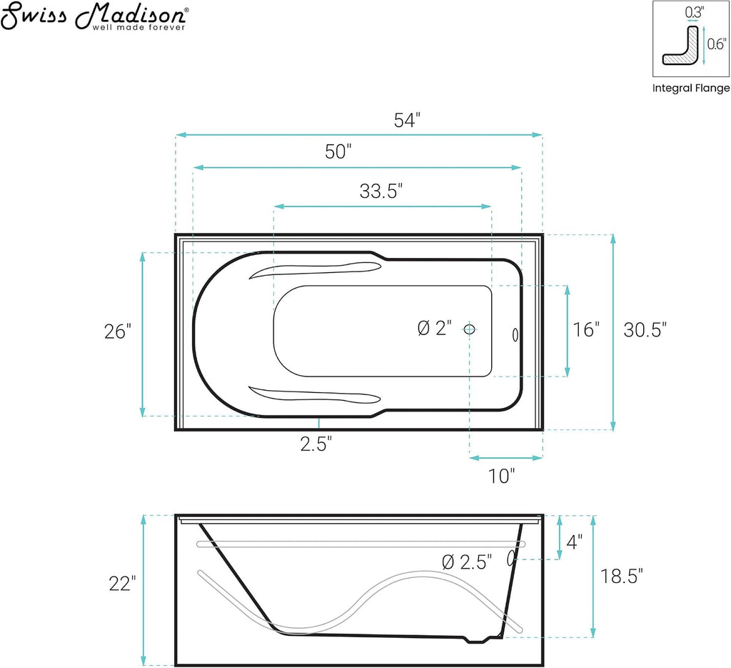 Swiss Madison Ivy 54'' x 30' Bathtub with Apron Right Hand Drain in White
