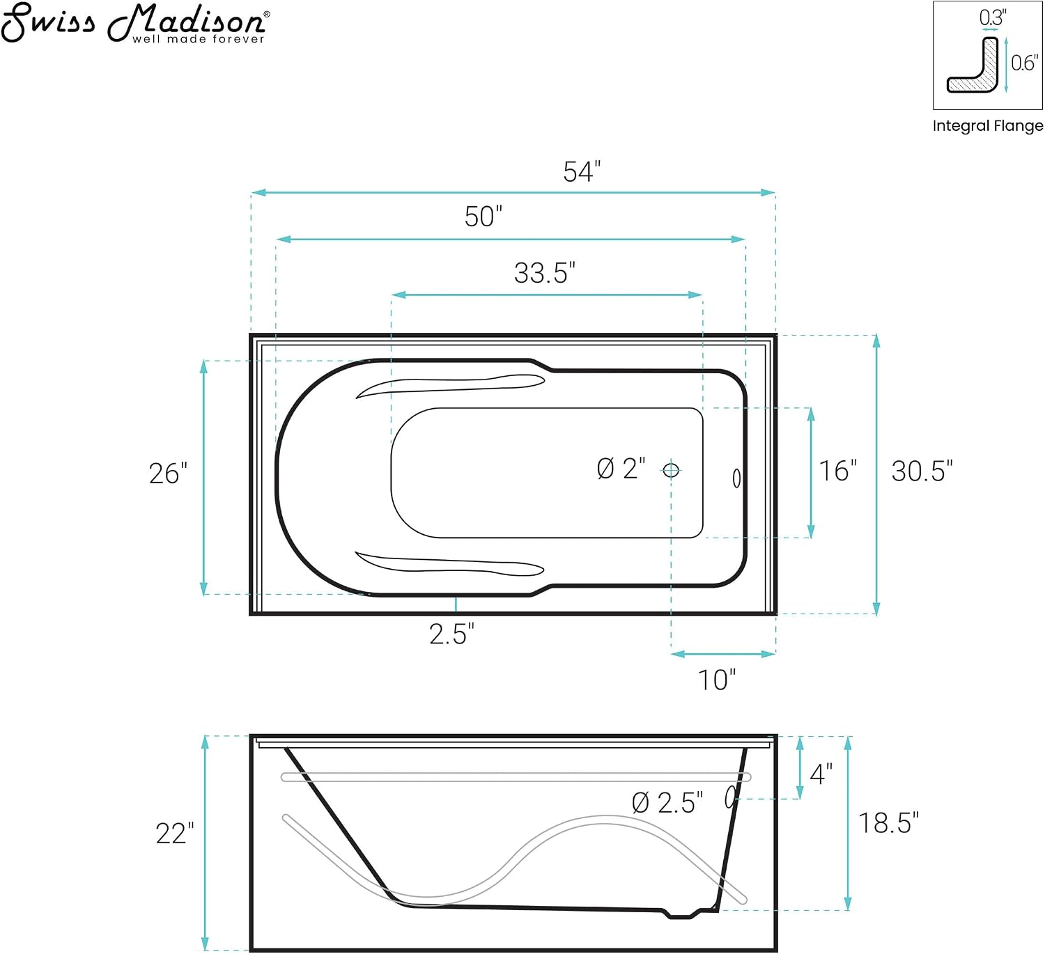 Swiss Madison Ivy 54'' x 30' Bathtub with Apron Right Hand Drain in White