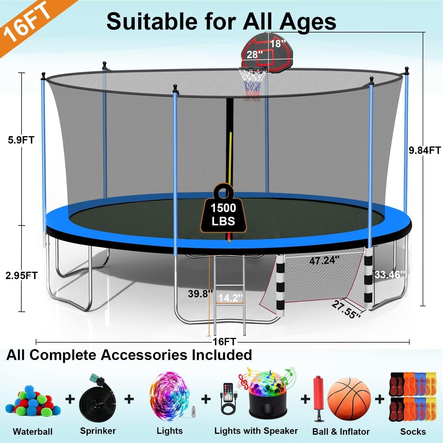 1500LBS 16FT 15FT 14FT 12 FT 10FT 8FT Tranpoline for Kids and Adults with Sprinkler, Lights with Music Speaker, Socks, Water Ball, Heavy Duty Outdoor Tranpoline with Net Enclosure and Ladder