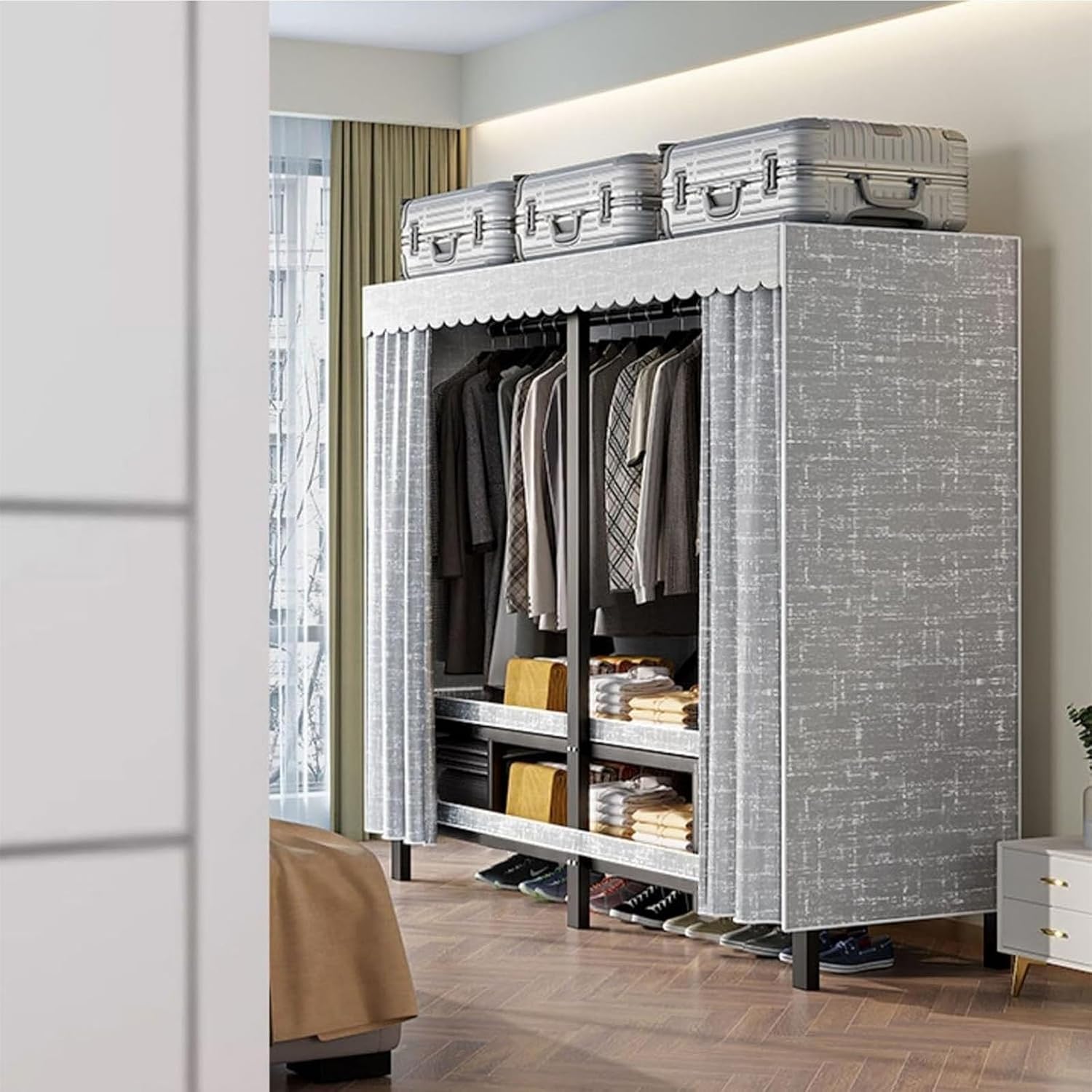 Heavy Duty Rolling Garment Rack with Cover, Portable Folding Canvas Wardrobe Closet, Metal Mobile Closet Rack, Wardrobe Clothing Coat Storage Rack with Wheels, for Hanging Clothes(71in(Wheel))