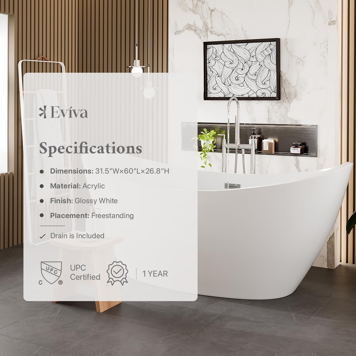 EVIVA Bella 60-Inch Acrylic Bathtub Non-Slip Deep Soaking Bathtub Freestanding Modern Soaker Deep Oval Bath Tub in Glossy White with Chrome Overflow and Middle Drain