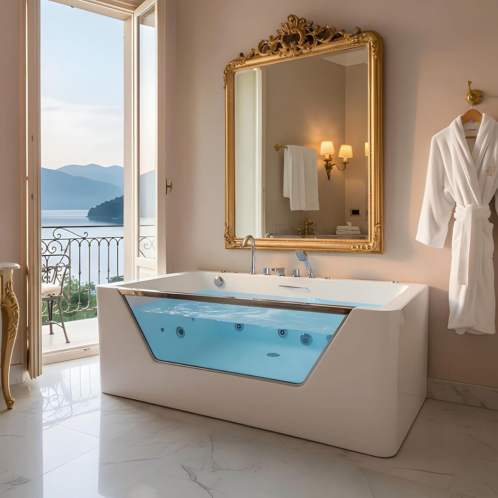 67'L x 31.5'W Whirlpool Tub for Single Person, Massage Whirlpool Bathtub, Hydro Massage, Color-Changing LED Chromatherapy, Air Type Control Switch, 89 Gallons, 7 Jets, 3-Side Apron with Glass, White