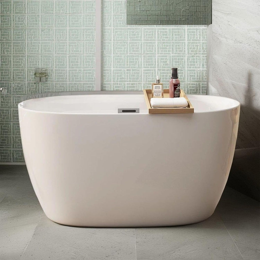 47' Acrylic Freestanding Bathtub, Oval Shape Free Standing Tub Contemporary Soaking Bath Tub with Chrome Overflow & Pop-Up Drain, Gloss White