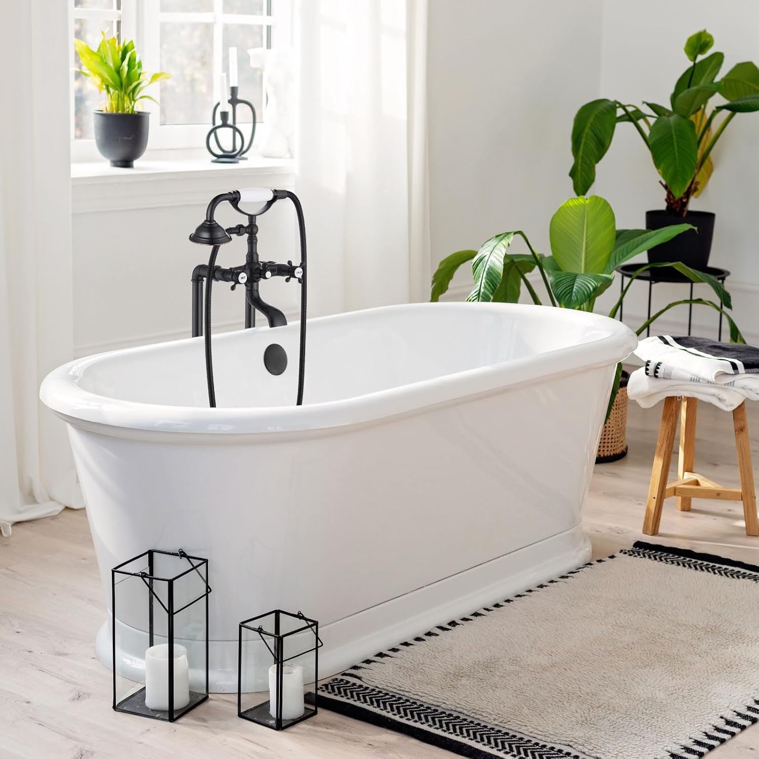 gotonovo Freestanding Bathtub Faucet Floor Mount Tub Filler with Double Cross Knobs 360° Rotation Spout High Flow Floor Standing Bathtub Shower Trumpet Shape Handheld Spray Oil Rubbed Bronze