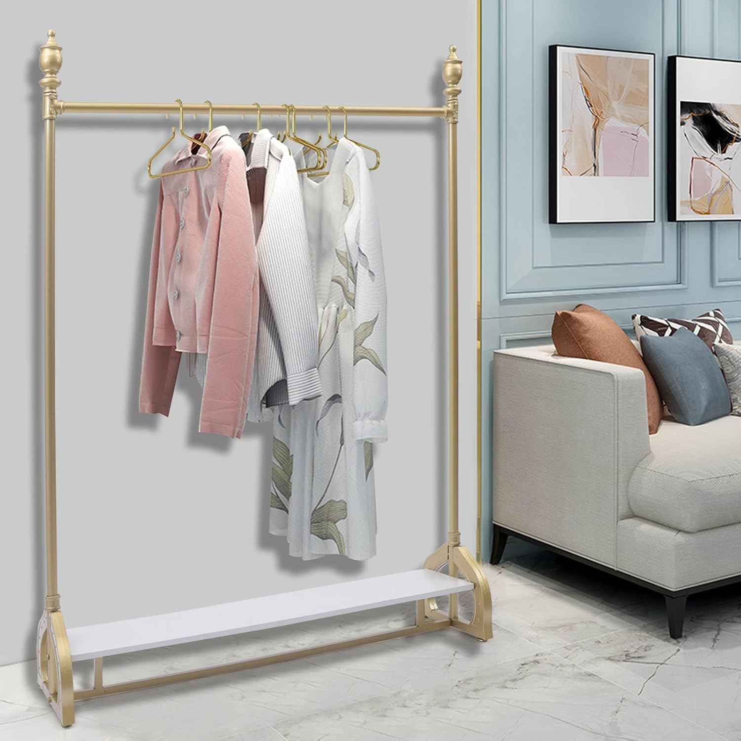 TFCFL 1.7M×1.2M Gold Decorative Wedding Dress Rack Stand Square Freestanding Garment Rack Bedroom Clothing Store Metal Modern Clothes Display Rack Iron Frame for Outdoor Indoor Decor