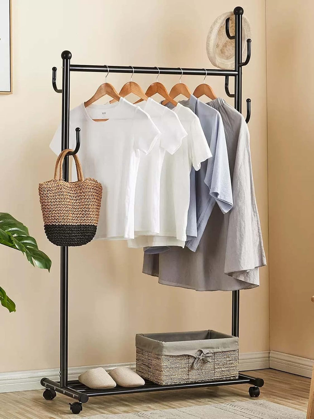 Portable Garment Rack for Hanging Clothes,34x17x68 inch Clothing Racks Heavy Duty, Freestanding Hanger with Wheels, Portable Clothes Rack with Top Rod, Lower Storage and 6 Hooks(Black,34x17x68 inch)