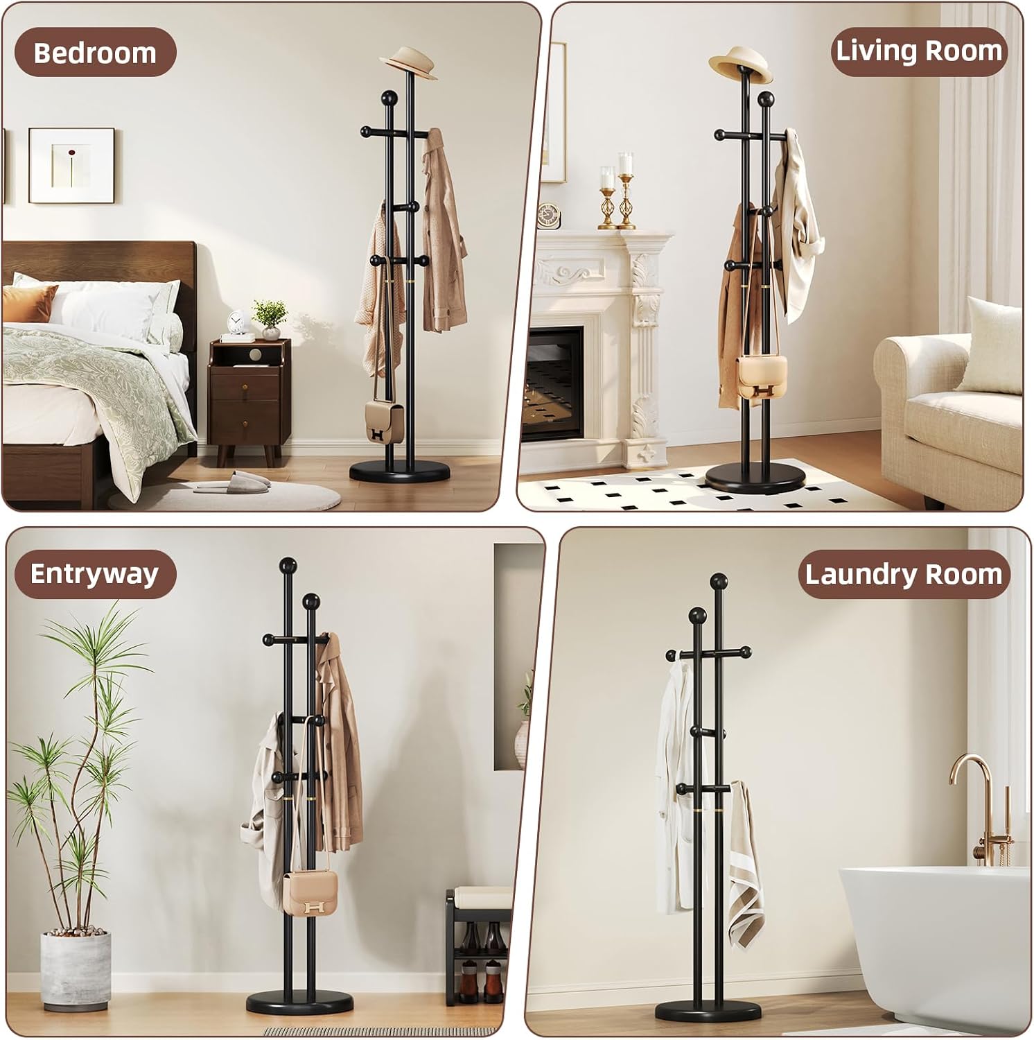 CozyDH Coat Rack Wooden Freestanding - Wood Coat Rack Freestanding Heavy Duty, Wooden Coat Stand with 6 Hooks Creative Look for Entryway, Hallway, Bedroom (Black)
