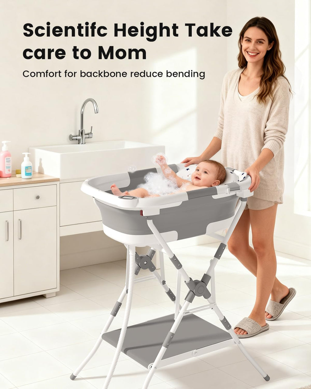 Baby Bathtub with Stand, 2-in-1 Collapsible Bath Tubs for Newborn to Toddler, Infant Bathtub with Folding Stand, Portable Bathtub for Baby Including Soft Cushion, Storage Pad (Gray)