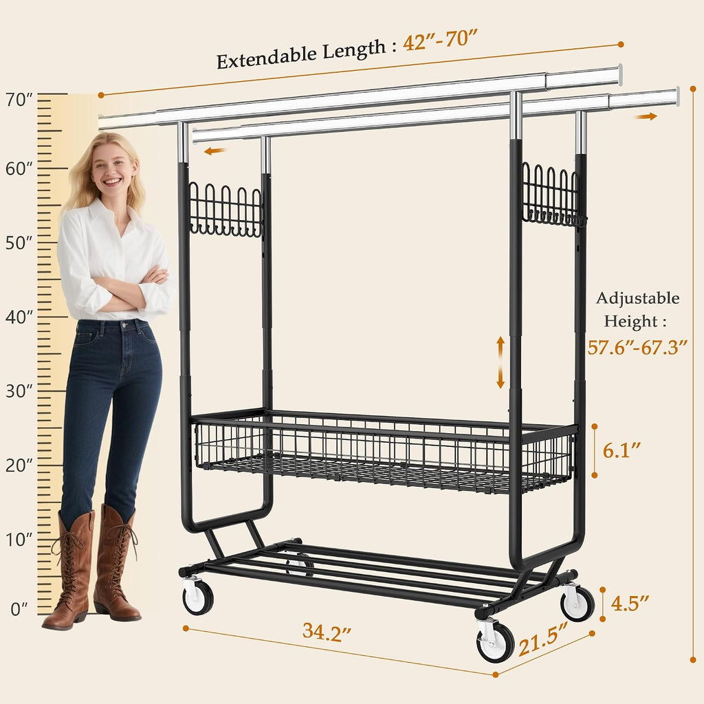Gewudraw Heavy Duty Clothes Rack with Metal Basket, 1060 LBS Rolling Double Rod Garment Rack, Portable Extendable Clothing Rack with Wheel for Bedroom, Laundry Room & Retail Store