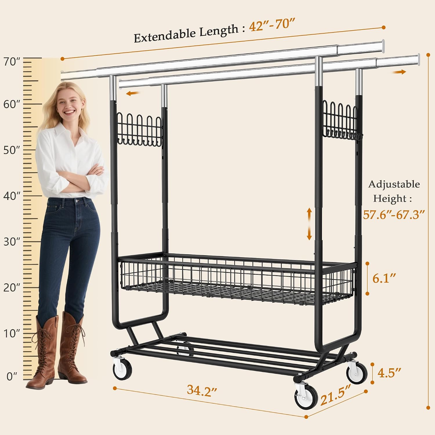 Gewudraw Heavy Duty Clothes Rack with Metal Basket, 1060 LBS Rolling Double Rod Garment Rack, Portable Extendable Clothing Rack with Wheel for Bedroom, Laundry Room & Retail Store