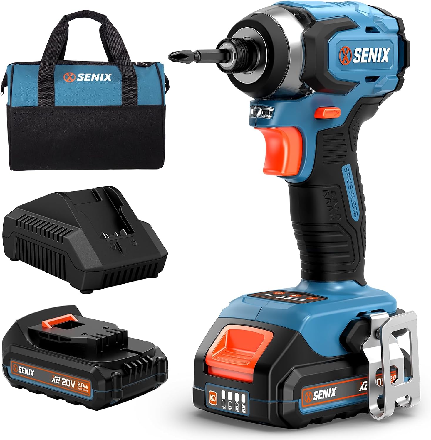 SENIX X2 20 Volt Max* 1/4-Inch Cordless Impact Driver, 4-Speed Battery Screwdriver, Brushless Motor, LED Light, 130 Foot-Pounds of Max Torque, Includes Soft Bag, 2.0 Ah Battery & Charger (PDIX2-M2)