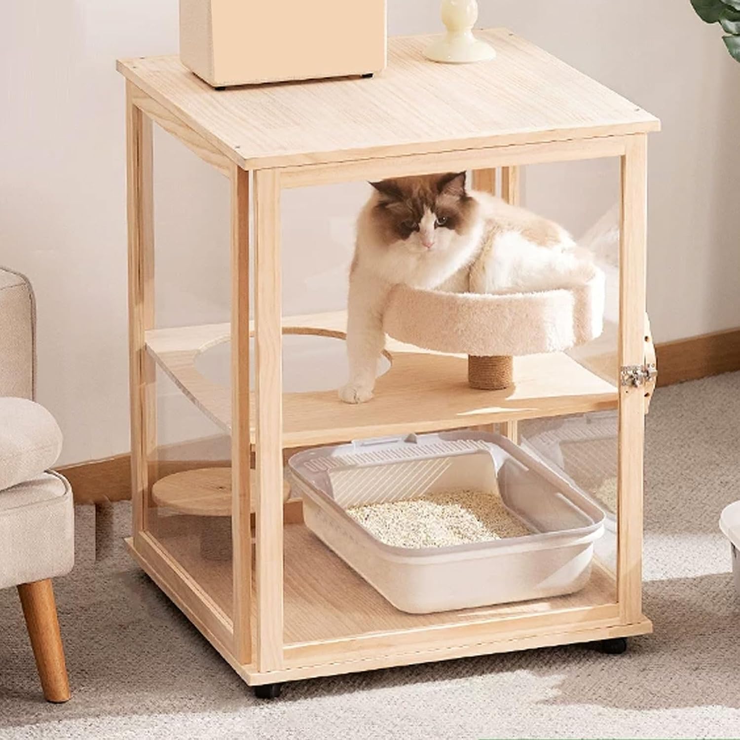 Cat Villa Wooden Cat Cage 4 Features Braked Casters and A Top Skylight Magnetic Cabinet Doors Suitable for 1-2 Cats Top Storage Space Cat Condo(60 * 60 * 80cm)