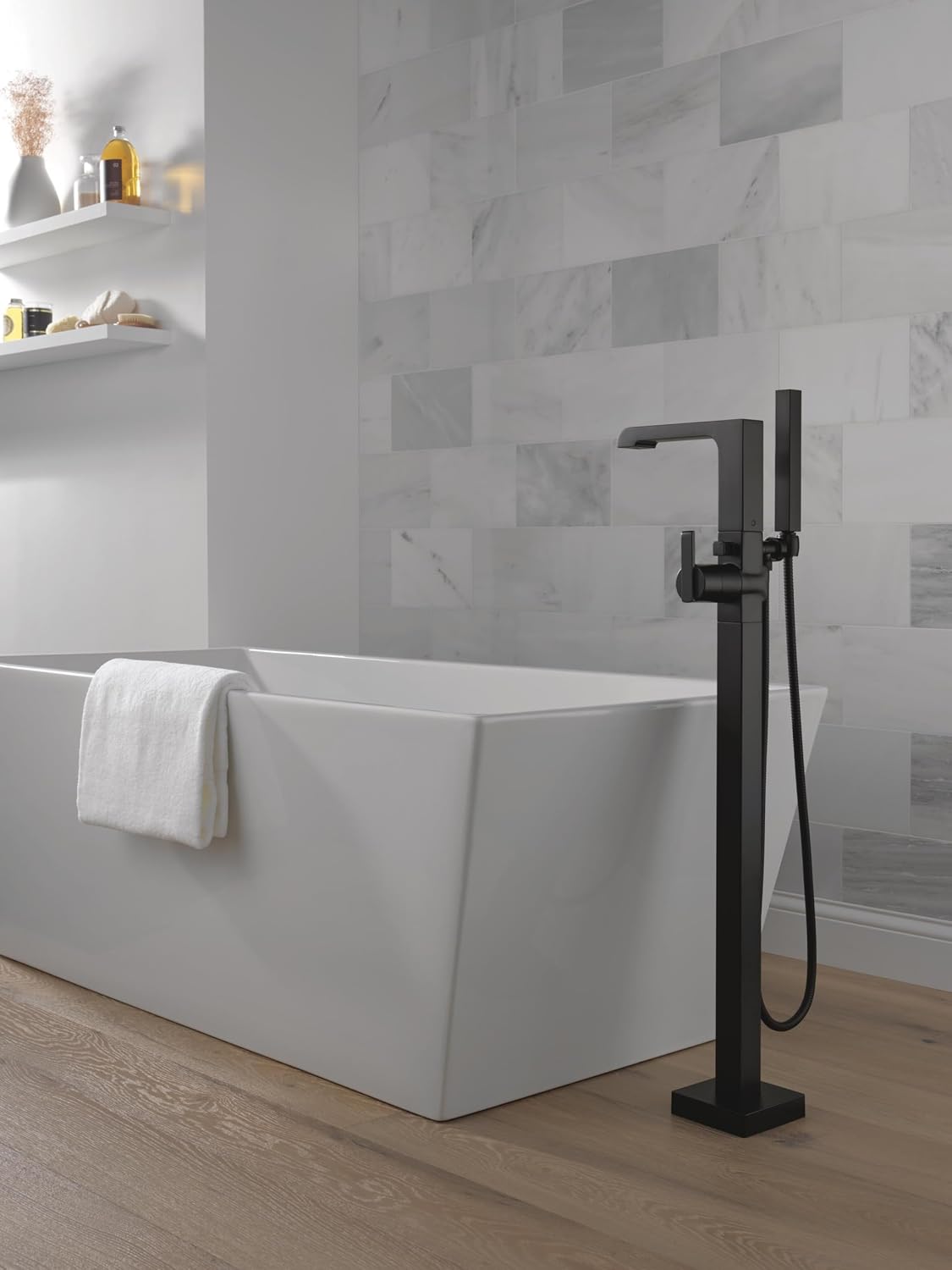 Delta Faucet Ara Floor Mount Tub Filler - Freestanding Roman Tub Spout with Handheld Shower - Flexible Shower Hose - Double Check Valves - Matte Black, T4767-BLFL (Rough Sold Separately)