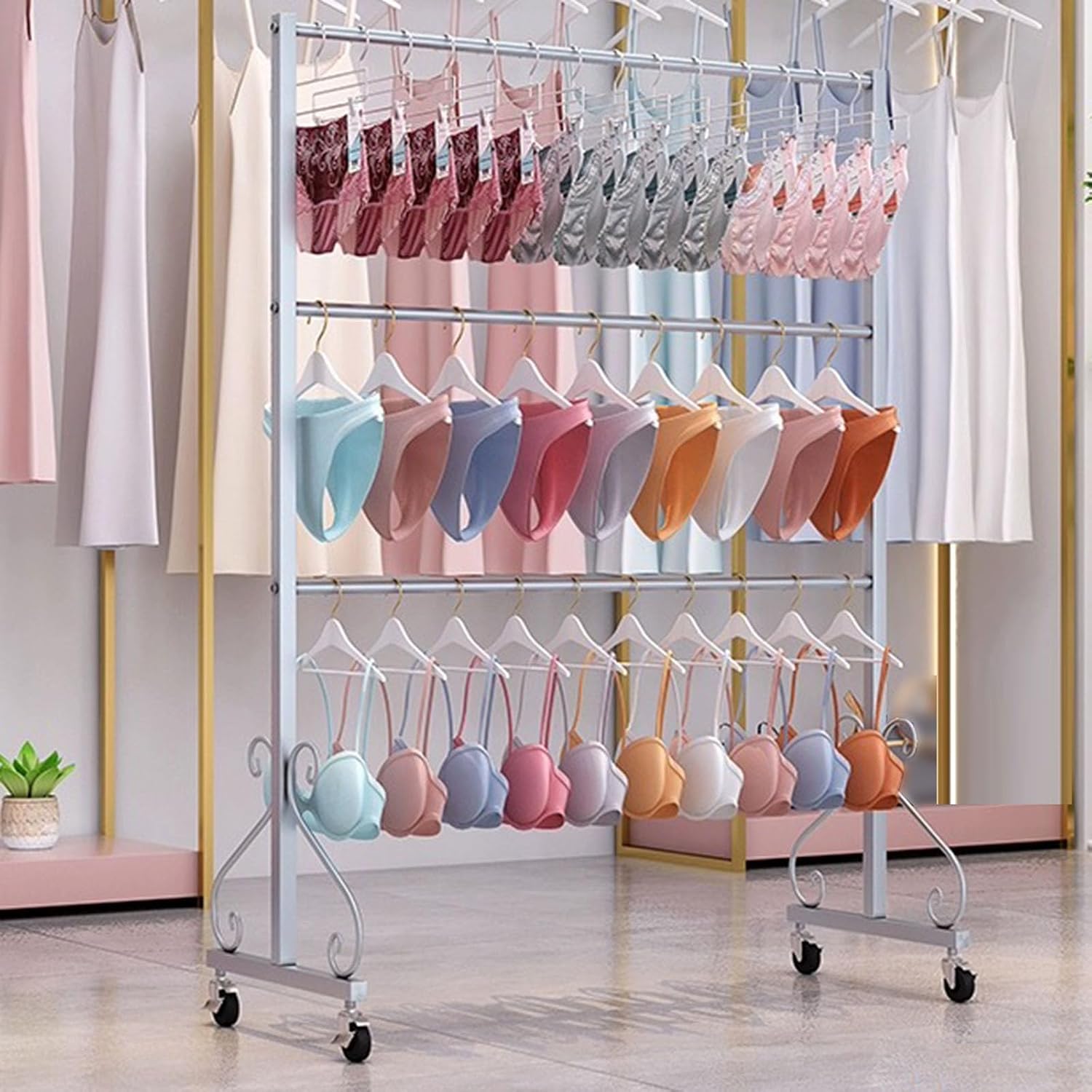 Scarf Display Rack,Freestanding Underwear Rack Clothing Store Scarf Storage Organizer Rack, Retail Store Panty Shorts Bra Hijab Silk Shawl Display Stand with Wh，Silvery Length 100CM