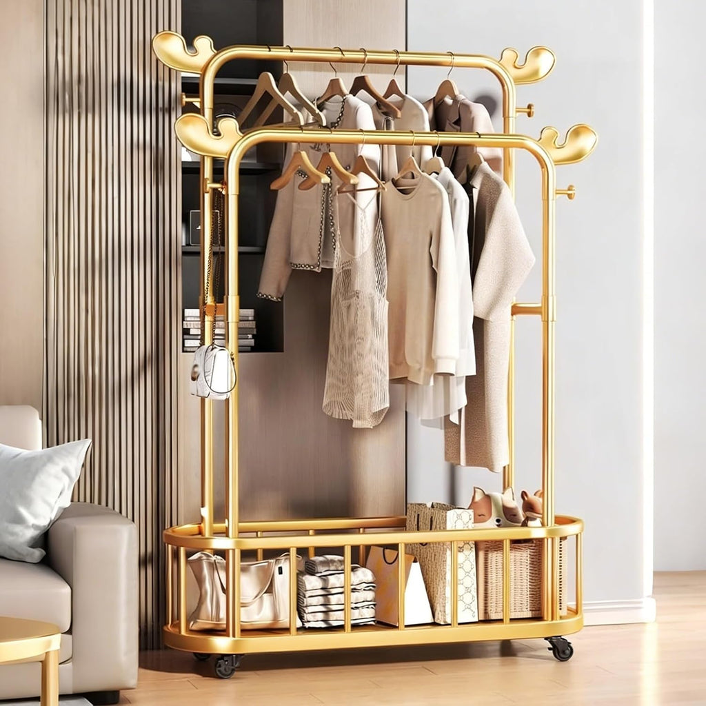 Modern Double-Rod Clothing Rack with Storage Shelf, Metal Wardrobe Stand with Wheels, Clothes Racks, Freestanding Garment Organizer for Bedroom or Dressing Area – Gold(60cm(23.6in))