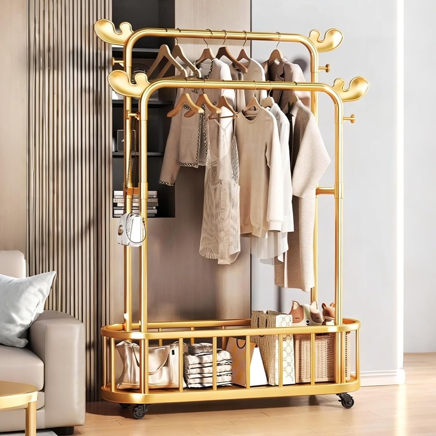 Modern Double-Rod Clothing Rack with Storage Shelf, Metal Wardrobe Stand with Wheels, Clothes Racks, Freestanding Garment Organizer for Bedroom or Dressing Area – Gold(80cm(31.5in))