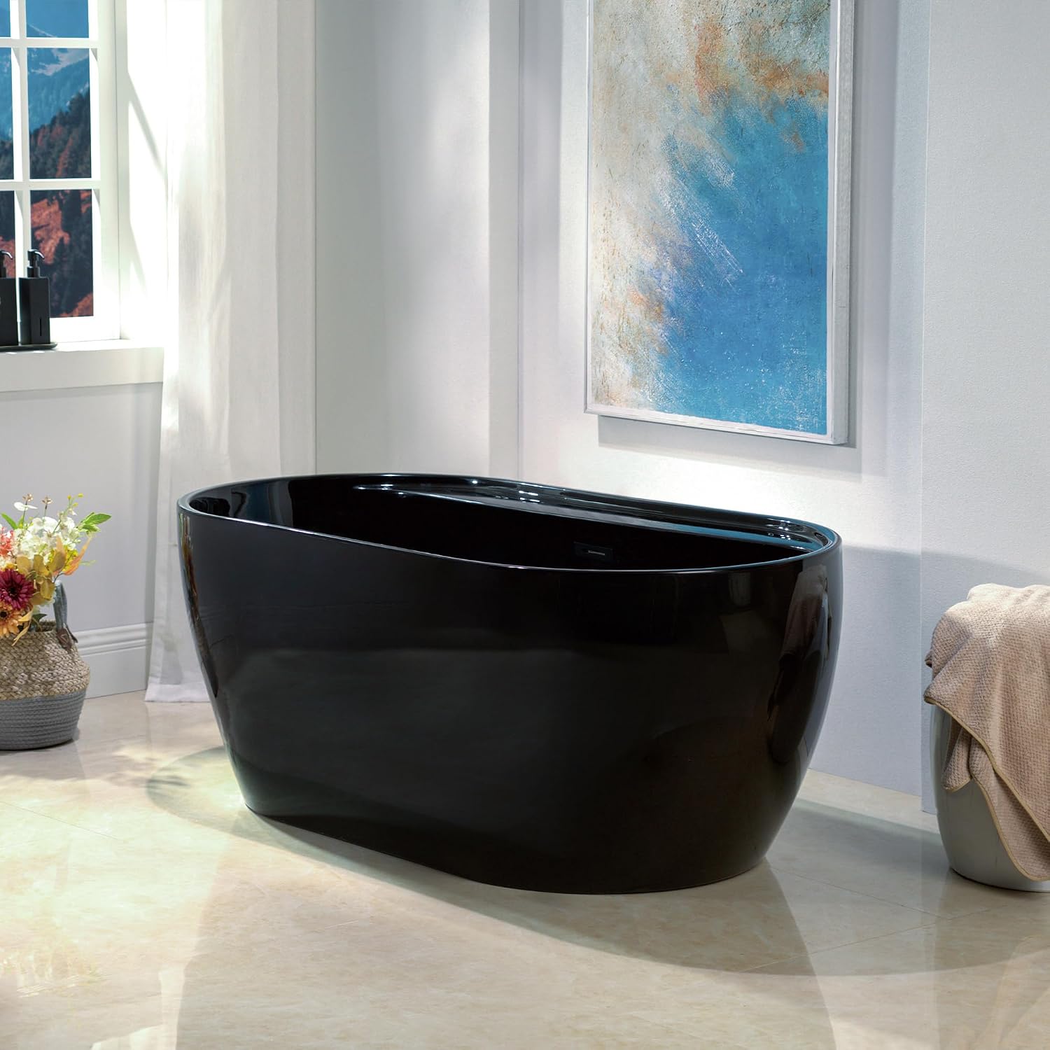 WOODBRIDGE 59' L x 31-1/2' W Freestanding Contemporary Acrylic Soaking Bathtub in Glossy Black Inside and Outside with Matte Black Drain & Overflow,B8864-MB