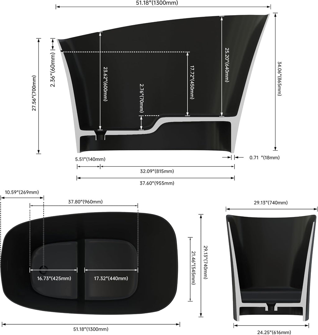 51' Japanese Soaking Bathtub with Seat, Solid Surface Matte Black | Freestanding Deep Soaking Tub, Pop-Up Drain and Overflow, Resin Stone Stand Alone for Samll Bathroom