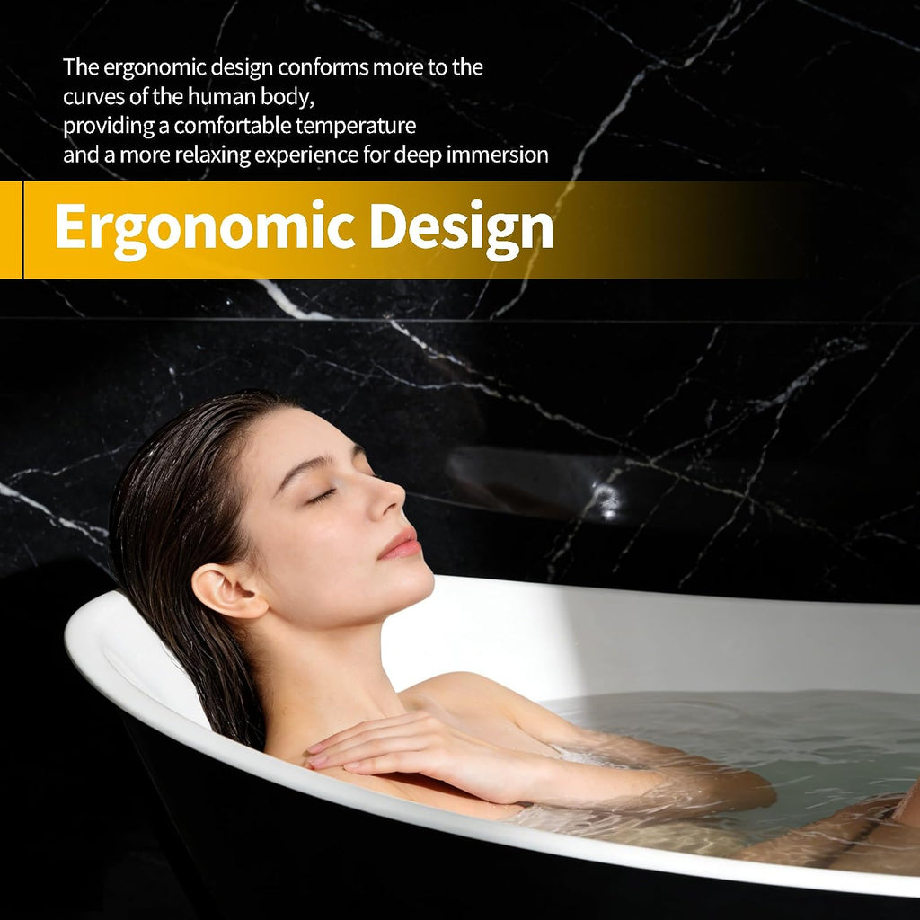 67 Inch Acrylic Freestanding Bathtub, Deep Soaking Tub with One End Raised, White Interior Black Exterior, Modern Stand Alone Acrylic Tub for Home, Bathroom, Chrome Pop-Up Drain and Overflow