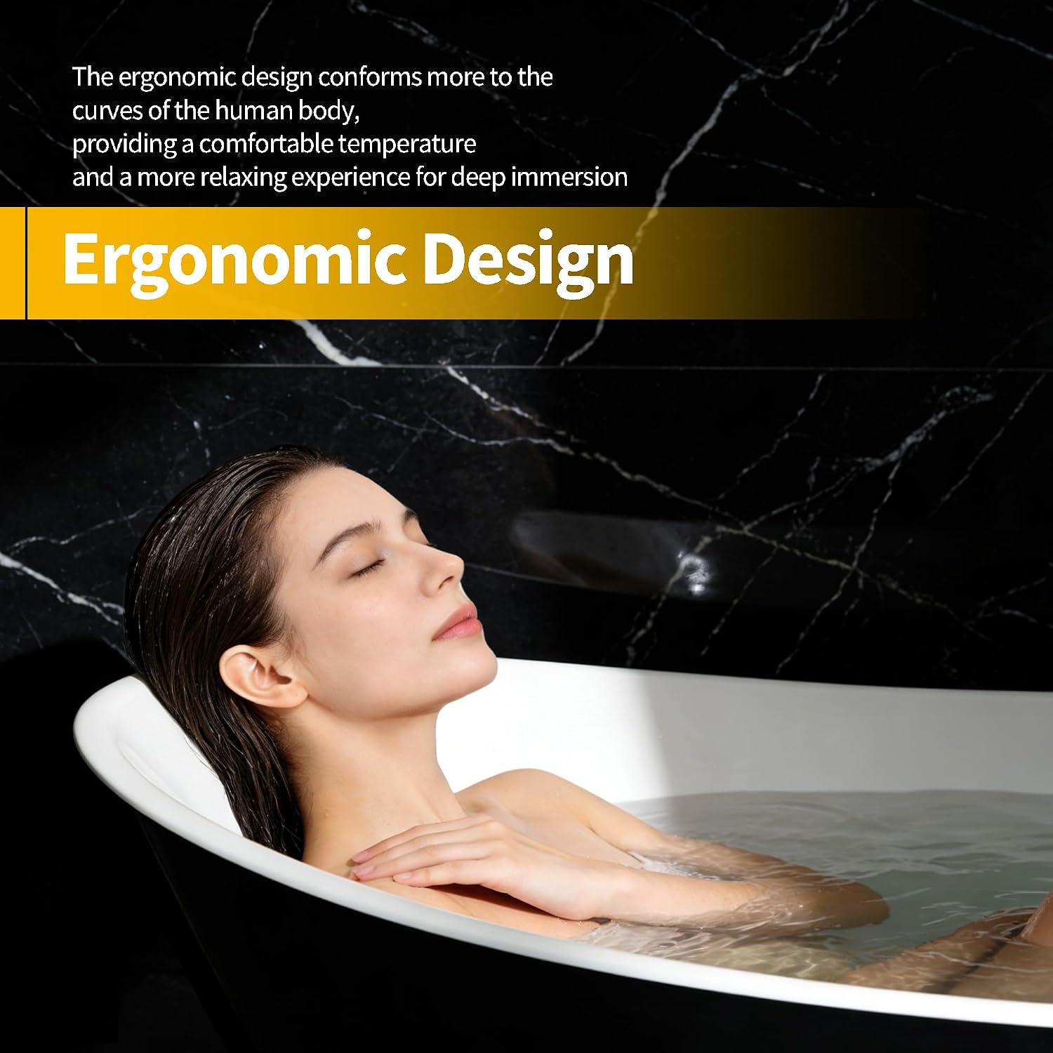 67 Inch Acrylic Freestanding Bathtub, Deep Soaking Tub with One End Raised, White Interior Black Exterior, Modern Stand Alone Acrylic Tub for Home, Bathroom, Chrome Pop-Up Drain and Overflow