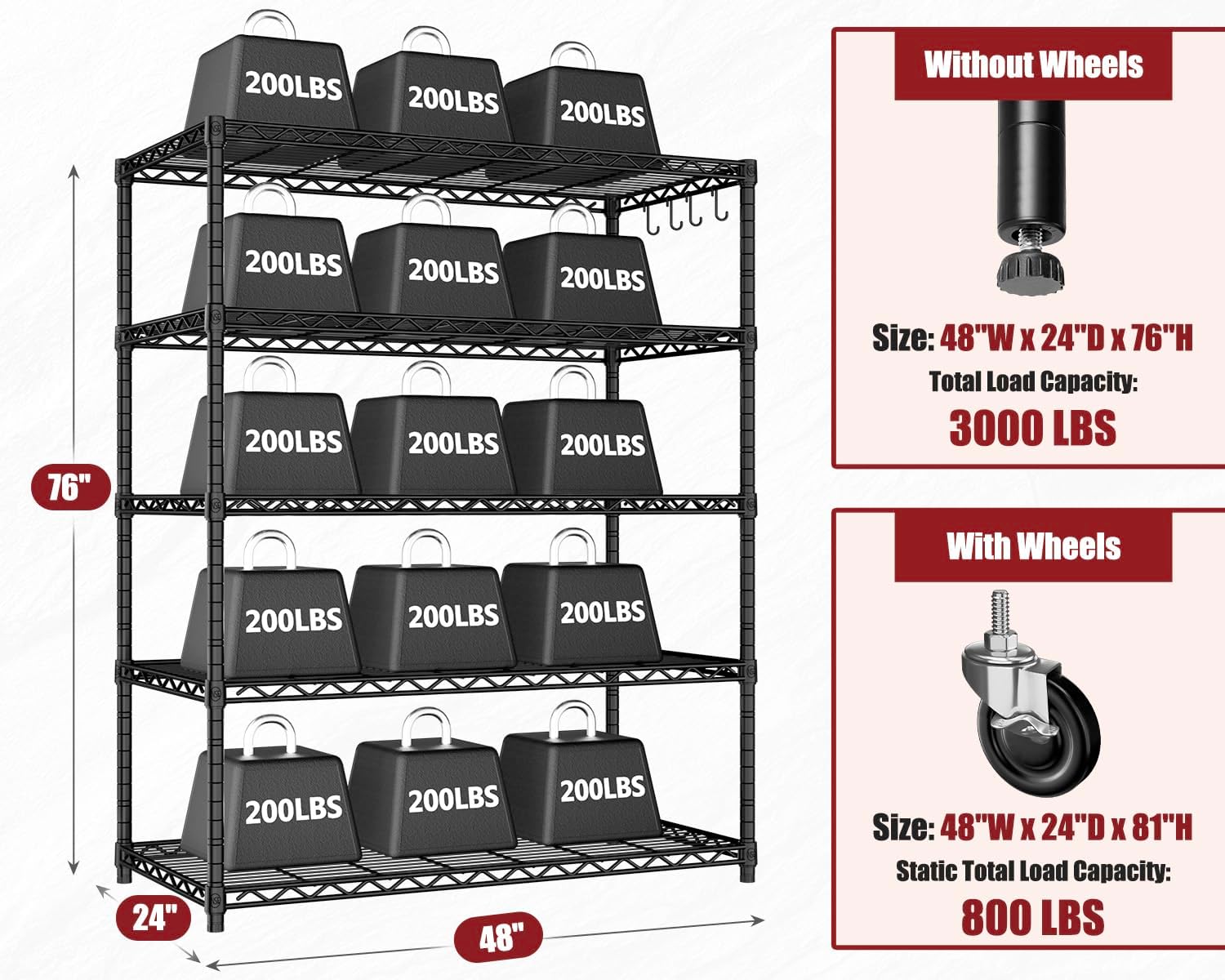 PrimeZone 48' W x 24' D x 81' H Heavy Duty Wire Storage Shelves with Wheels, 5 Tier Adjustable NSF Certified Garage Shelving Unit, Rolling Metal Organizer Shelf Utility Rack for Warehouse, Restaurant