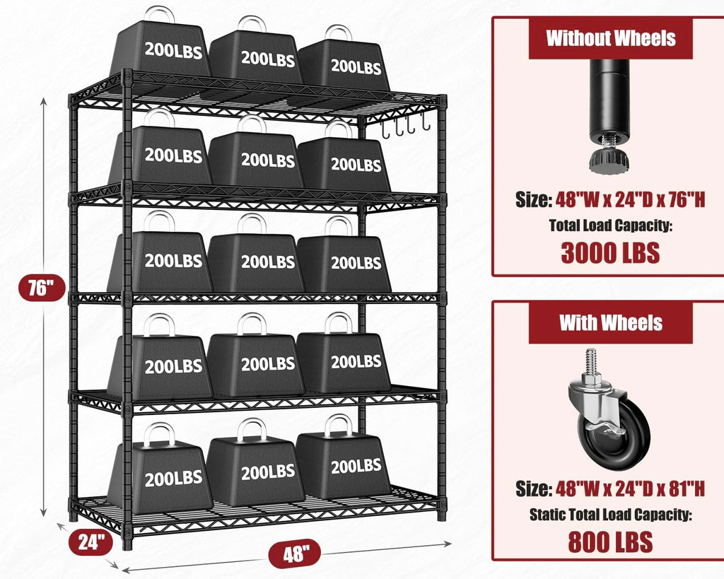 PrimeZone 2 Packs 48' W x 24' D x 81' H Heavy Duty Wire Storage Shelves with Wheels, 5 Tier Adjustable NSF Certified Garage Shelving Unit, Rolling Metal Organizer Shelf Rack for Warehouse, Restaurant