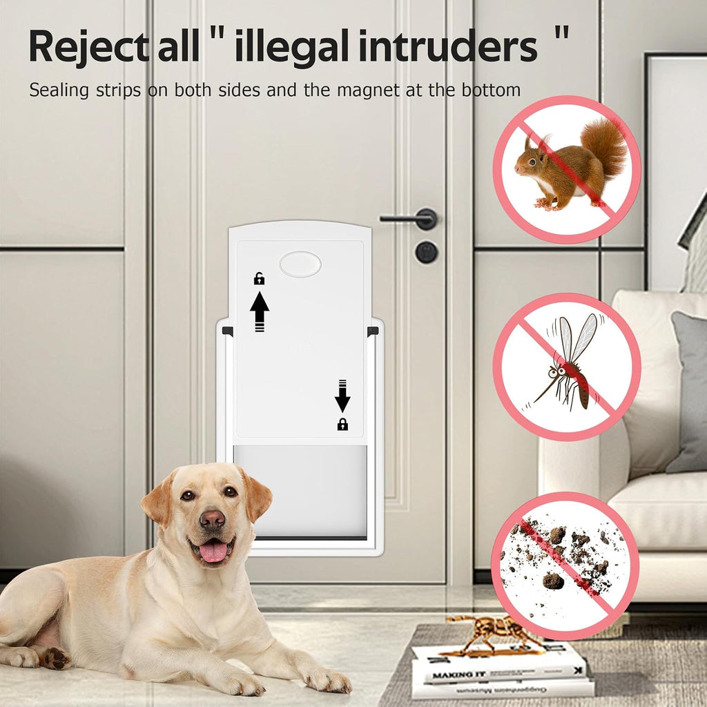 [MAVRICTECH] Extea Large Dog Door for Door, Dog Door for Interior & Exterior Door with Steel Frame and Telescoping Tunnel, Magnetic Two Flaps Design and Two Sliding Lock Panels, Up to 220LBS, White.