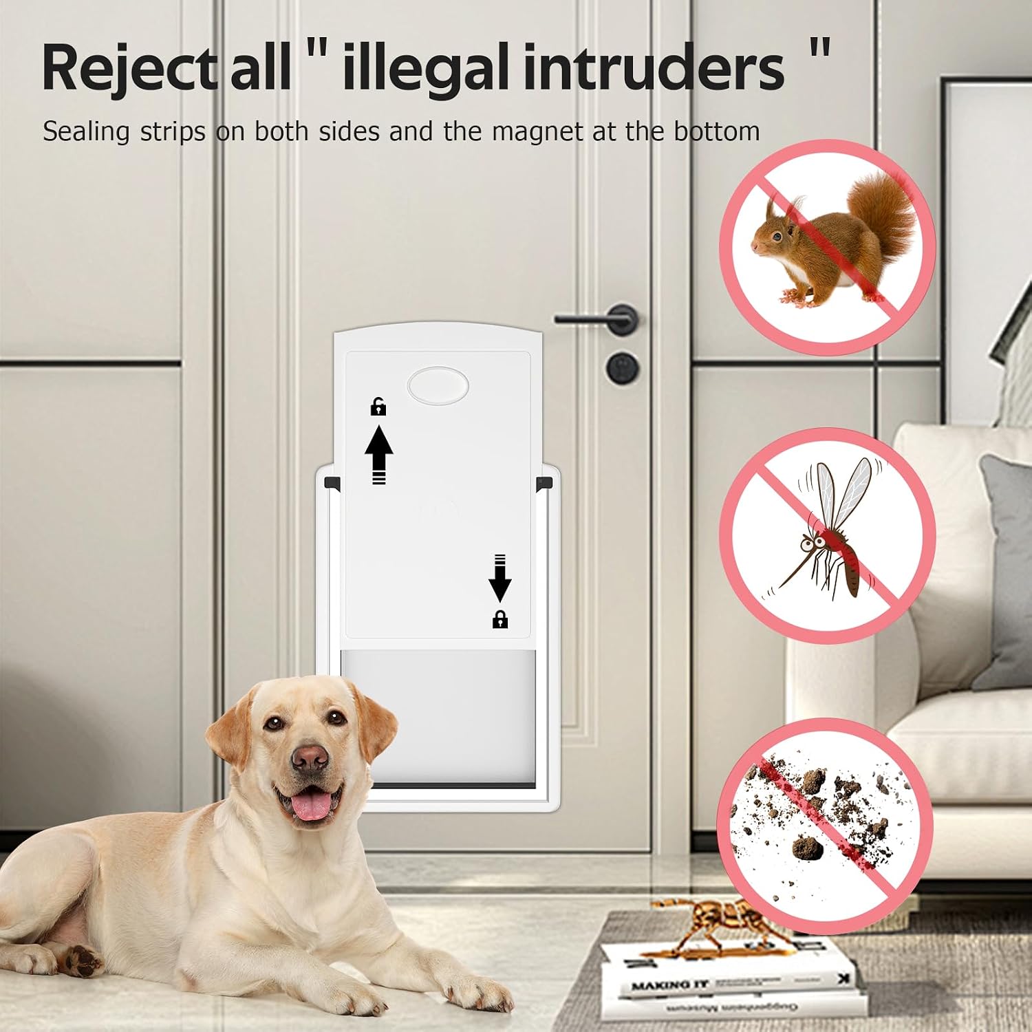 [MAVRICTECH] Extea Large Dog Door for Door, Dog Door for Interior & Exterior Door with Steel Frame and Telescoping Tunnel, Magnetic Two Flaps Design and Two Sliding Lock Panels, Up to 220LBS, White.