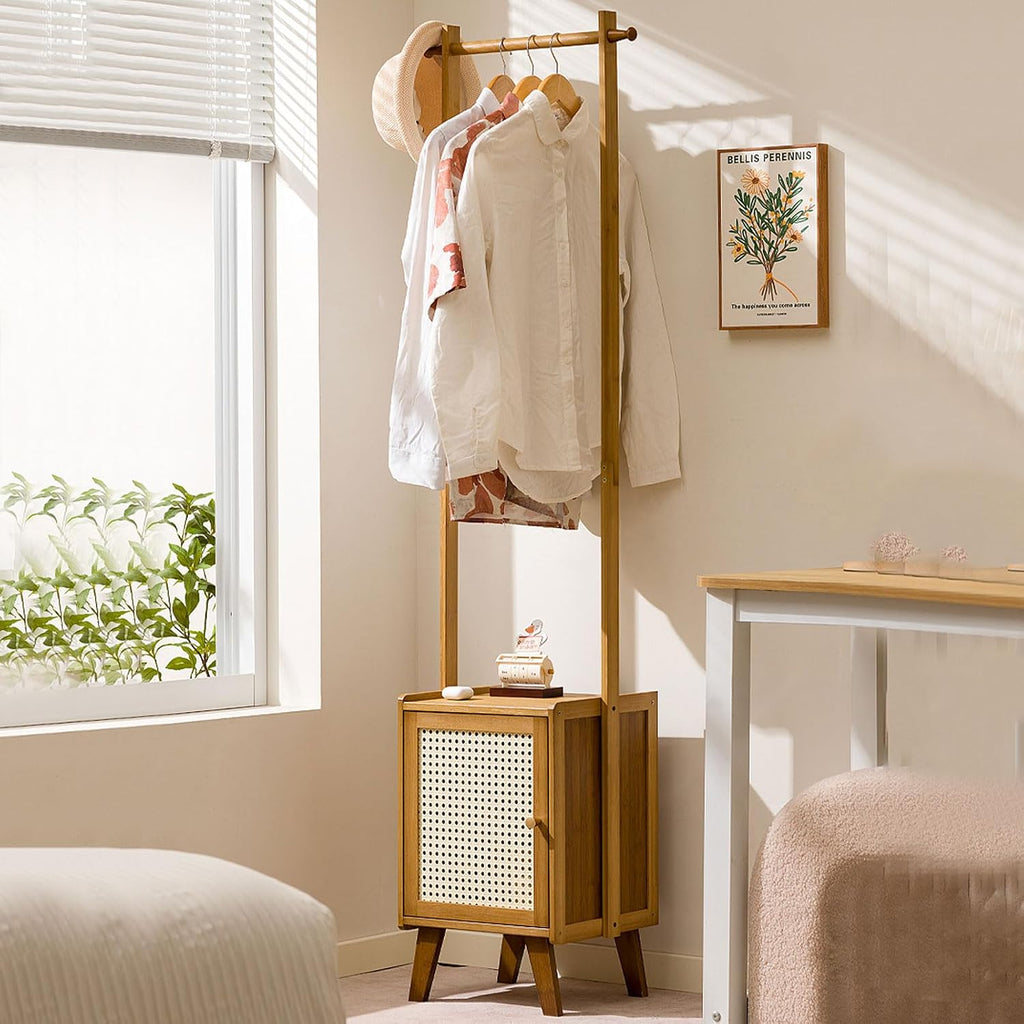 Bamboo Clothes Rack with Storage Cabinet Clothing Hanging Rail, Open Wardrobe Coat Stands Free Standing Garment Rack for Bedroom Living Room Hallway
