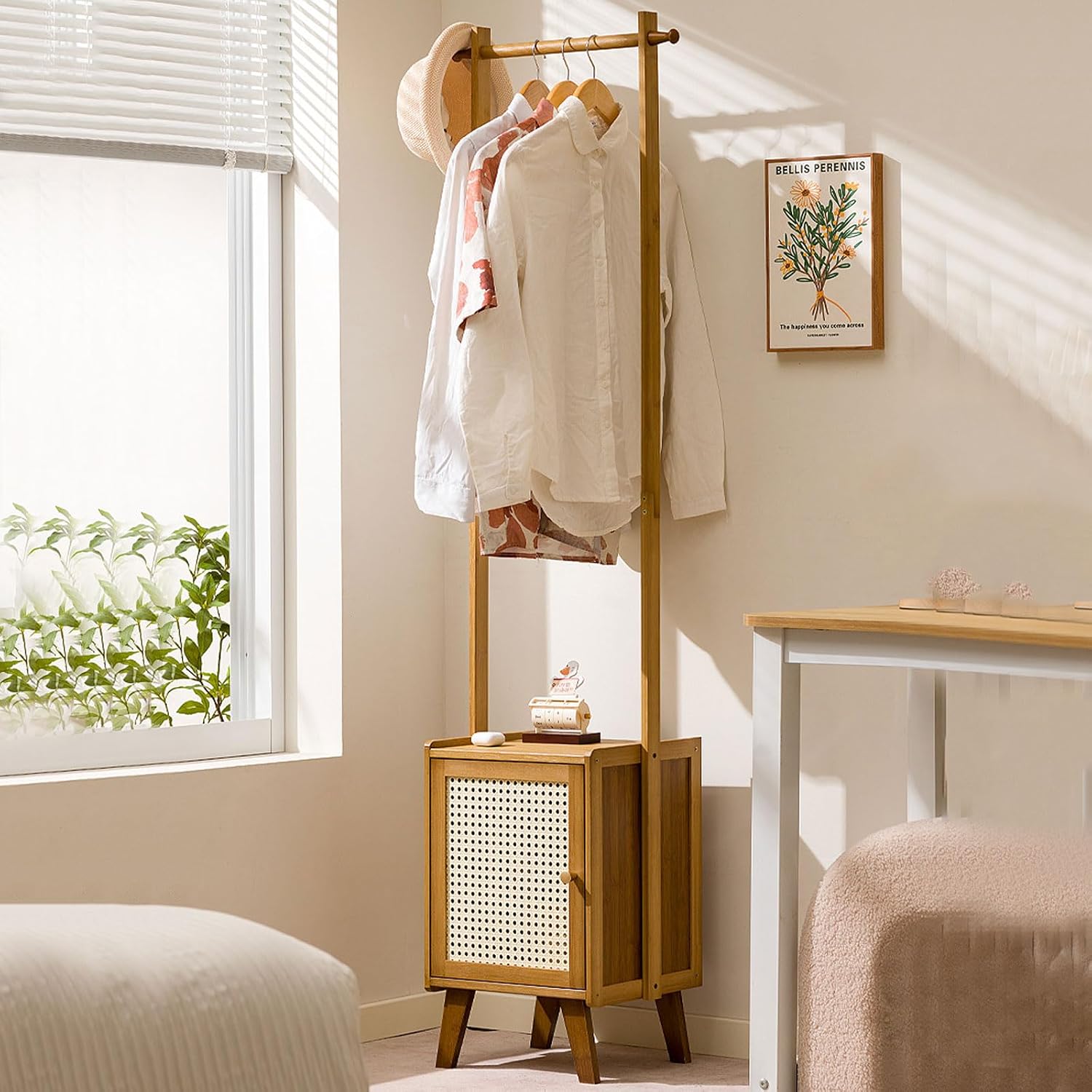 Bamboo Clothes Rack with Storage Cabinet Clothing Hanging Rail, Open Wardrobe Coat Stands Free Standing Garment Rack for Bedroom Living Room Hallway