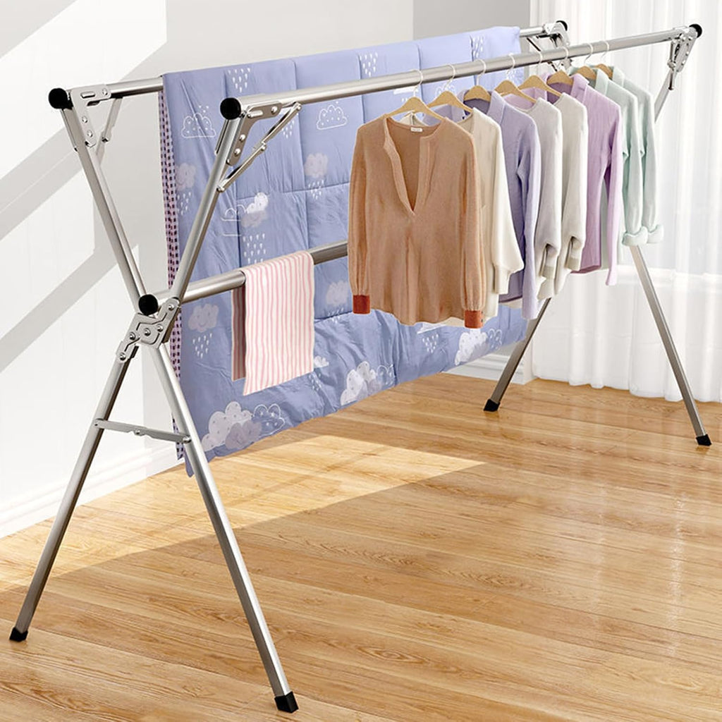 Hanging Clothes Rack Retractable - Collapsible Clothing Rack - X-Shaped Stainless Steel Laundry Drying Rack - Free Standing Clothes Rack with Non-Slip Feet,2.4m/95in