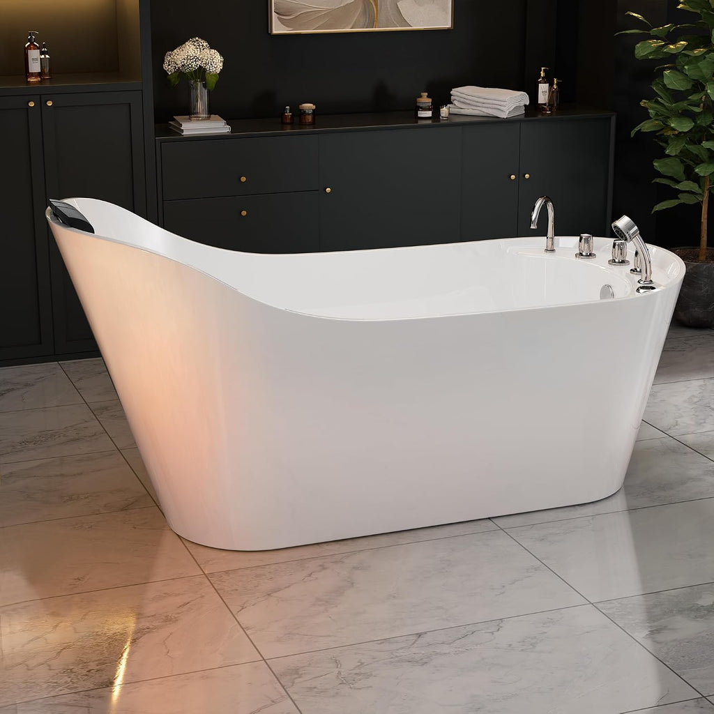 Empava 67'x 30' Freestanding Whirlpool Tub,560W Stand Alone Jetted Bathtub,Slipper Shape with Lumbar and Cervical Support, with 110V Power Plug, ETL Certified