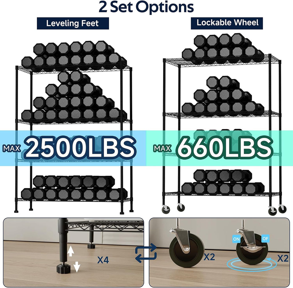 Whitmor 4 Tier Storage Shelves with Wheels, Heavy Duty Metal Shelving Unit, 625 lbs Capacity per Shelf, 2500 lbs Total for Kitchen, Garage, Plant, 55' L x 24' W x 72' H, Black