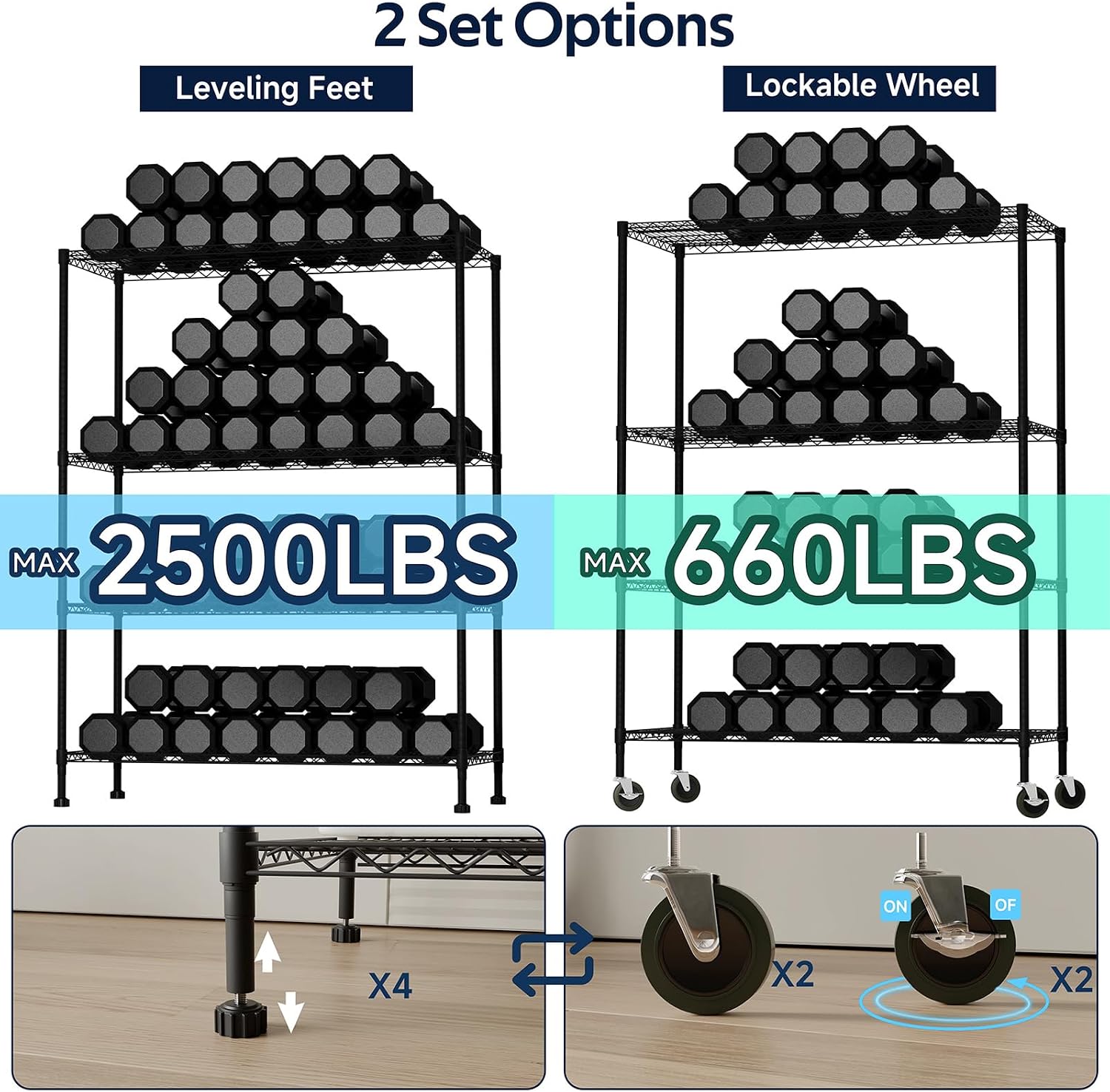 Whitmor 4 Tier Storage Shelves with Wheels, Heavy Duty Metal Shelving Unit, 625 lbs Capacity per Shelf, 2500 lbs Total for Kitchen, Garage, Plant, 55' L x 24' W x 72' H, Black