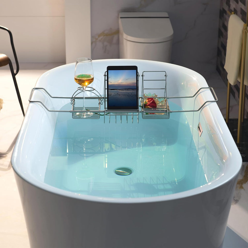 WOODBRIDGE 67' Acrylic Freestanding Bathtub Contemporary Soaking Tub with Brushed Nickel Overflow and Drain,White Tub,B0057-BN