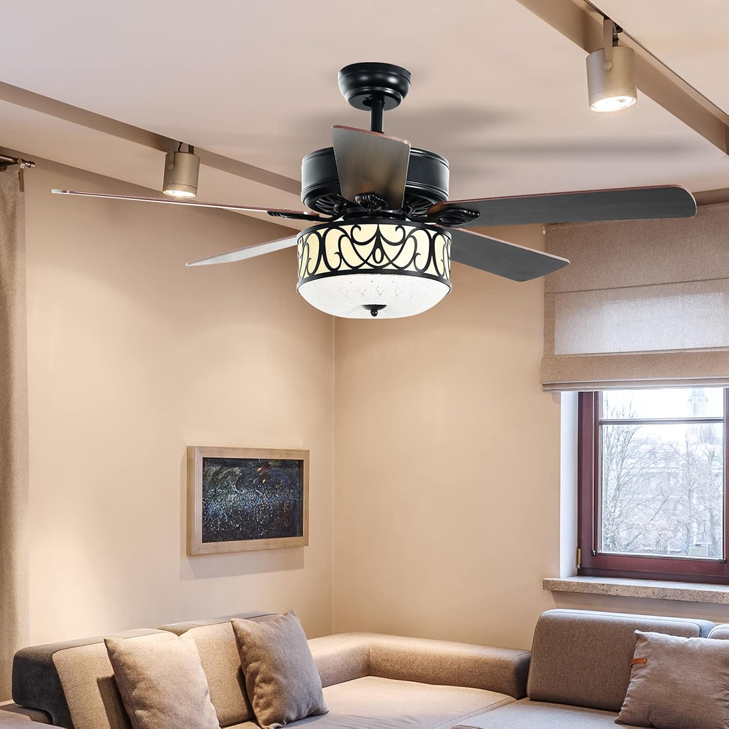 Tangkula 52' Ceiling Fan w/Lights & Remote Control, Lighting Fan w/5 Reversible Blades, 3 Wind Speed, Timer Function, Fan Lamp Suitable for Living Room, Bedroom (Matte Black)