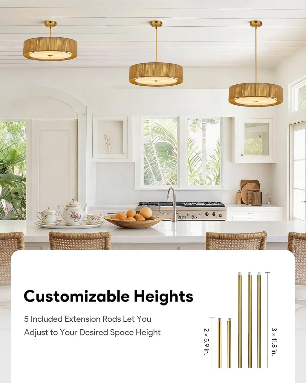 VONLUCE 20' Boho Rattan Chandelier, 4-Light Drum Chandelier with 2-Tier Woven Lampshade, Rattan Ceiling Light for Dining Room Bedroom Living Room with E26 Sockets, Gold Finish, ETL Certified