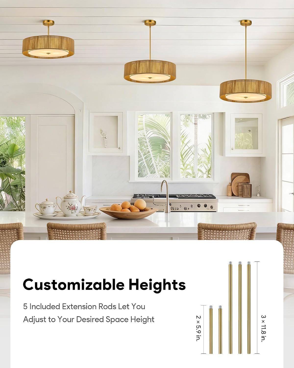 VONLUCE 20' Boho Rattan Chandelier, 4-Light Drum Chandelier with 2-Tier Woven Lampshade, Rattan Ceiling Light for Dining Room Bedroom Living Room with E26 Sockets, Gold Finish, ETL Certified