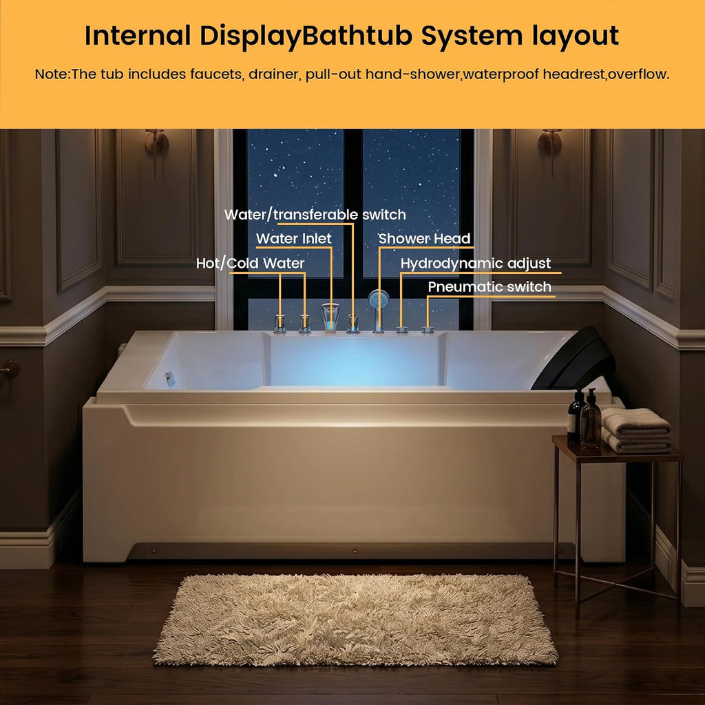 73x48-inch dual massage bathtub, featuring 8 jets, a 750-watt hydrotherapy pump, multi-color underwater LED lighting, 110-gallon capacity, suitable for two people. (white-1)