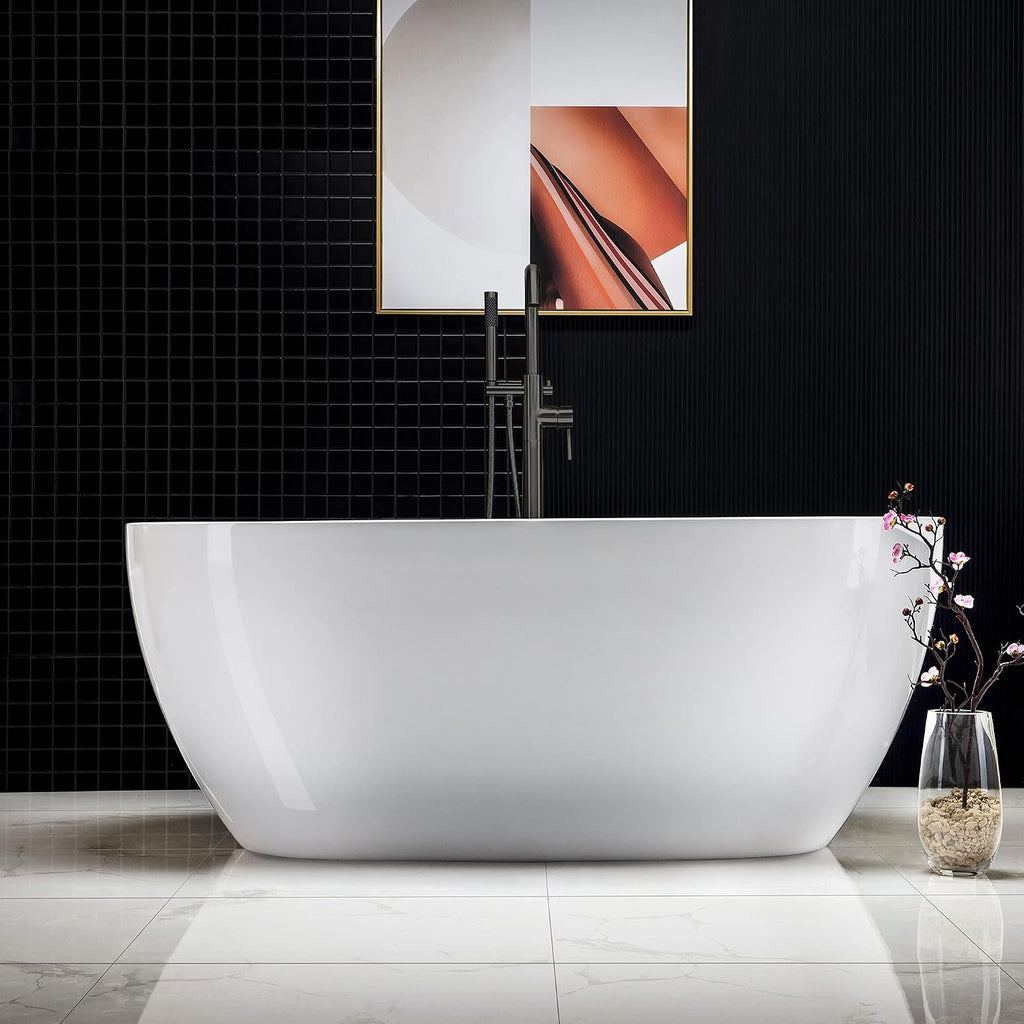 WOODBRIDGE 59'Freestanding White Acylic Soaking Bathtub with Oil-Rubbed Bronze Drain and Overflow,BTA1518 -ORB-Drain &O